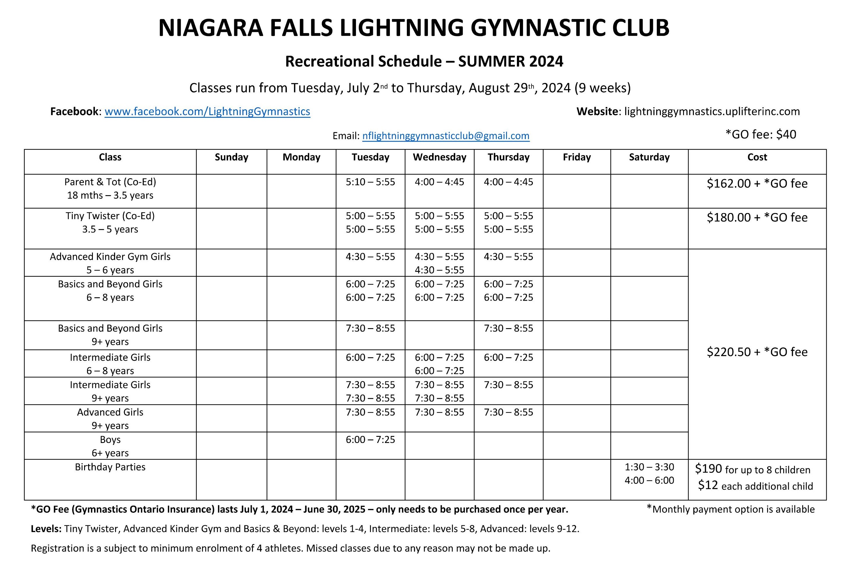 Summer Recreational Schedule 2024 Registration Niagara Falls
